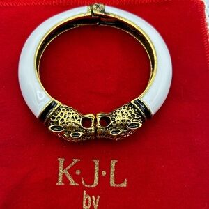 Vintage Kenneth Jay Lane Gold and White Enamel Leopard Bracelet Bangle